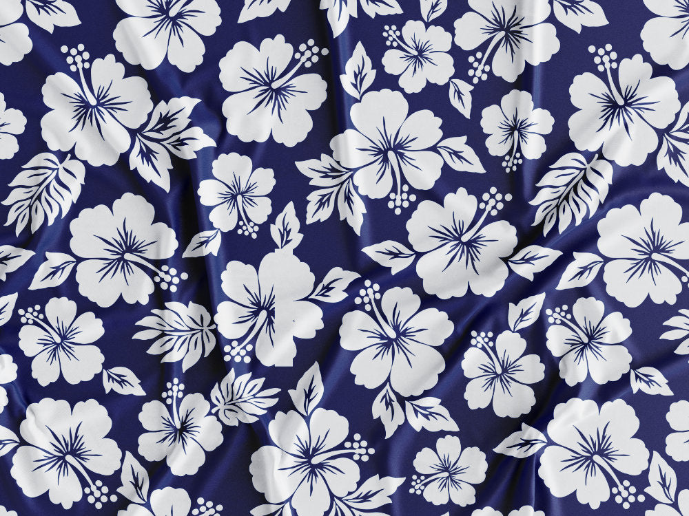 Tecido Flores Havaianas Brancas Fundo Azul Escuro - K24