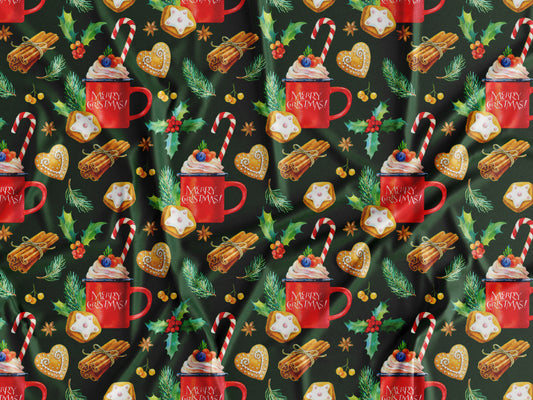 Tecido Natal Canecas Biscoitos e Azevinhos Fundo Verde - N22